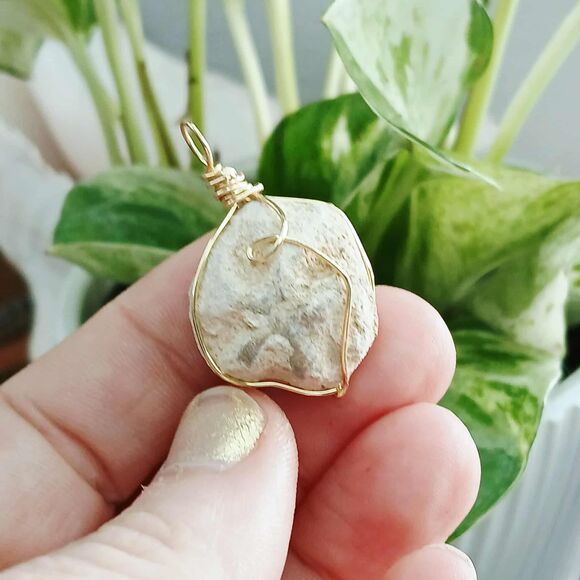 Fossil Pendant, Gold Wire Wrapped Stone Pendant, 1.5" - Picture 2 of 3